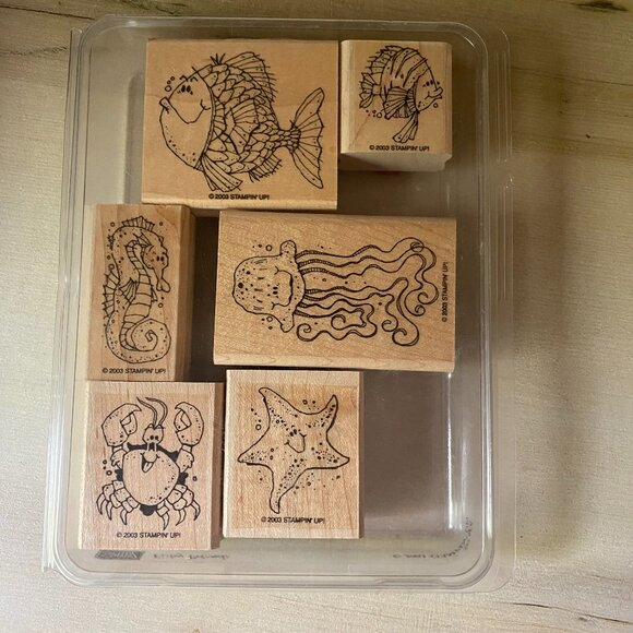 Stampin Up Fishy Friends 6 rubber stamps aquatic ocean jellyfish seahorse crabs - Picture 1 of 6